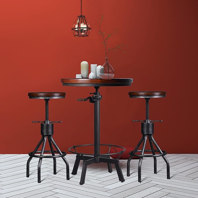 LOKKHAN Industrial Bar Table-33.5-39.4 Inch Tall-Adjustable Bar Height Pub Table-23.7 Inch Swivel Round Wood Top Metal Base-Easily Adjusts by Crank Handle