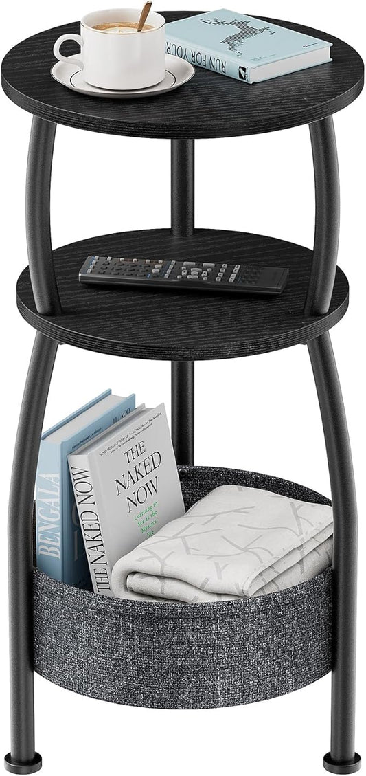 Small Round end Table for Living Room with Storage Basket –Small Space Saving End Table 3-Tier Accent Nightstand Couch Corner Table for Sofa, Bedroom, Patio and More 24in Tall Classic Black
