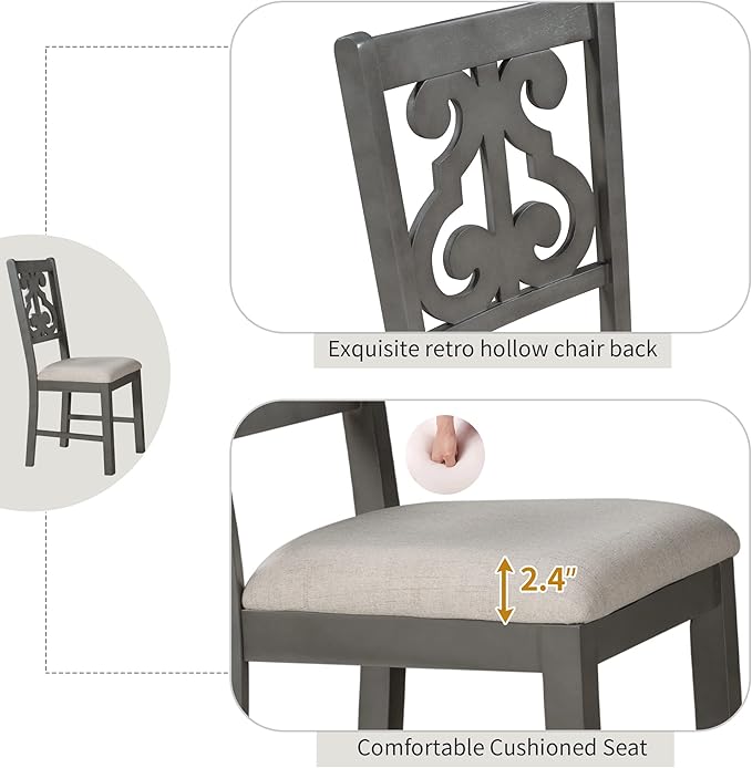 Merax 5 Piece Round Dining Table Set 4 Retro Chairs with Special-Shaped Table Legs, Exquisitely Designed Hollow Chair Back for Dining Room, Gray