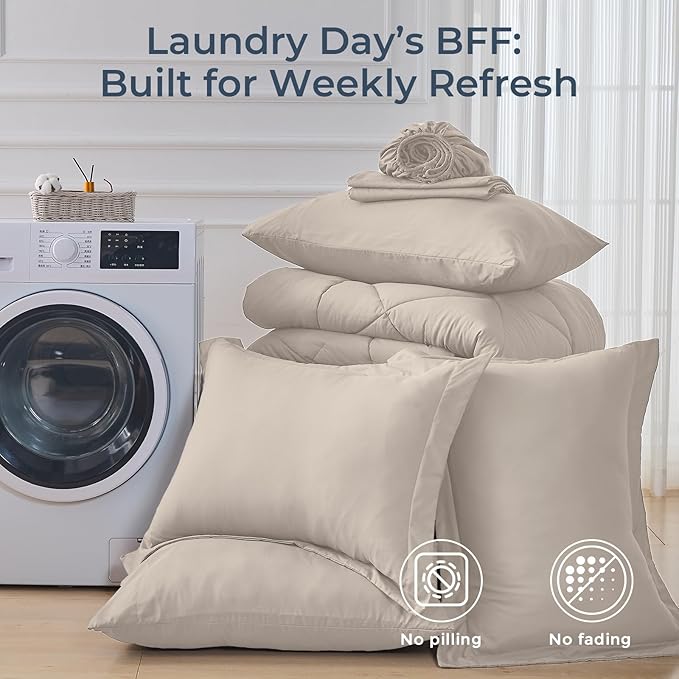 HEVUMYI Beige Tan Queen Comforter Set - 7-Piece All Season Bed in a Bag Queen, Ultra Soft Bedding Set with Comforter, Flat Sheet, Fitted Sheet, Pillowcases, Pillow Shams, Beige Tan