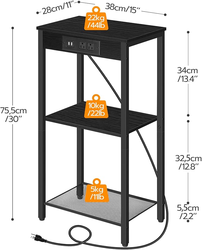 HOOBRO Tall End Table with Charging Station, 30 Inch Tall Nightstand, 3-Tier Side Table with Storage Shelves, for Living Room, Bedroom, Hallway, Black BB09UDH01G1