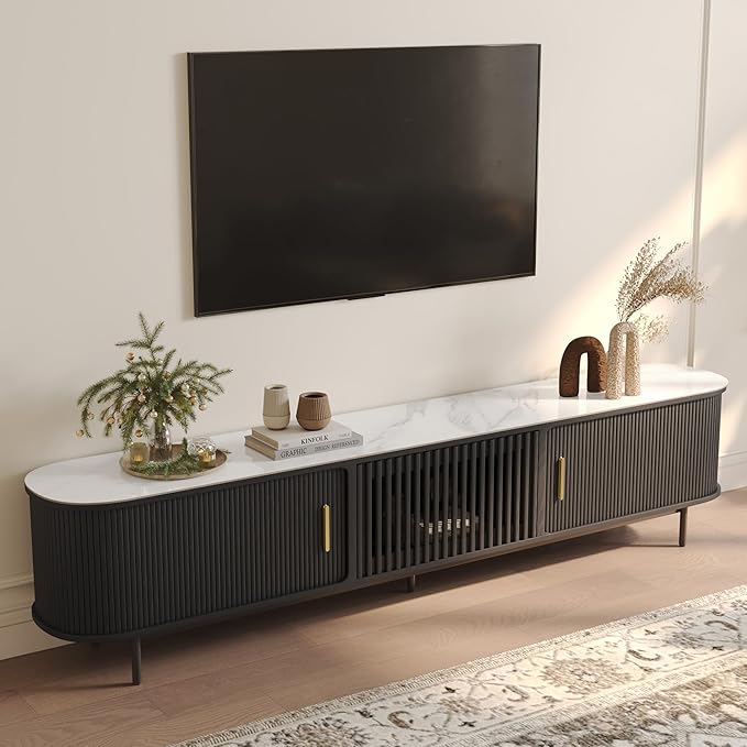 POVISON Sliding Tambour Door TV Stand, Mid Century Modern Sintered Stone TV Console, Wood Media Console for 85 Inch TV, Entertainment Center with Storage Cabinet, Fully-Assembled (Black, 94.49")