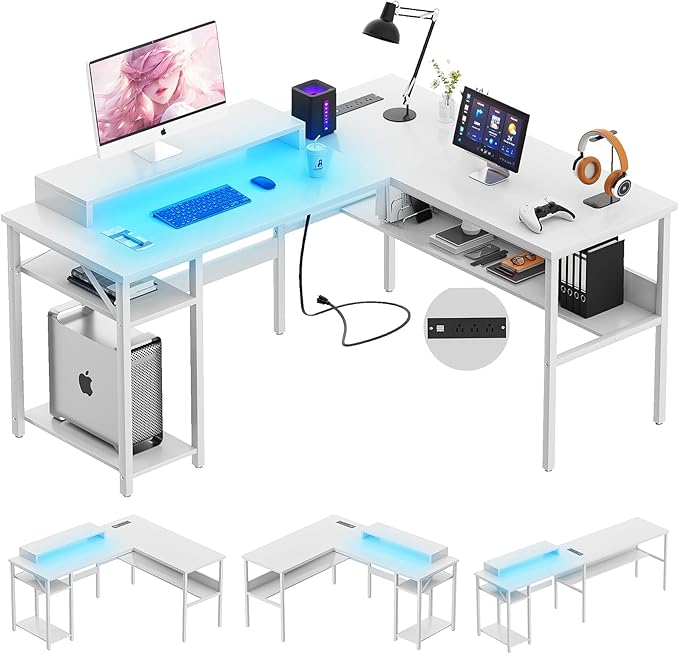 Unikito Reversible L Shaped Computer Desk with Power Outlets and Monitor Stand, Sturdy Corner Desk with RGB LED Light and Storage Shelves, Modern Work Desk for Home Office, Easy to Assemble, White