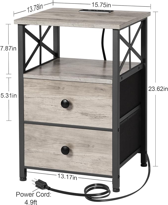 AMHANCIBLE Night Stand, Nightstand with Charging Station, End Tables Living Room with Fabric Drawer, Bedside Table with USB Ports and Outlets for Small Spaces Bedroom, Greige HET05XGY1