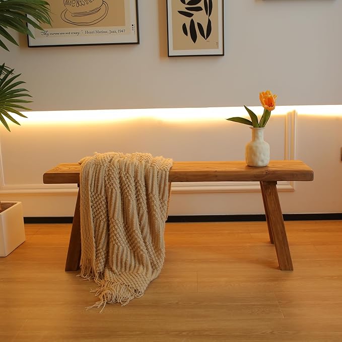 55.1in Wood Bench Indoor – Rustic Farmhouse Entryway Bench, Skinny Bench Design, Made of Extra-Thick Solid Wood, Perfect for Dining Room, Hallway, or End of Bed