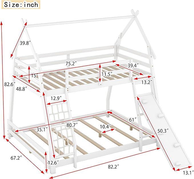 Twin Over Queen House Bunk Bed with Climbing Nets and Climbing Ramp for Kids Teens Boys Girls,Solid Wood Bunk Bed Frame with Safety Guardrails,Playful Design,White