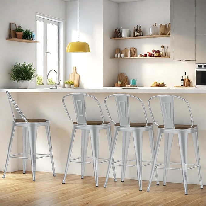 30” Swivel Bar Stools Set of 4, Counter Height Bar Stools Wooden Seat, Metal Industrial Bar Chairs with High Back for Kitchen Island (Silver)
