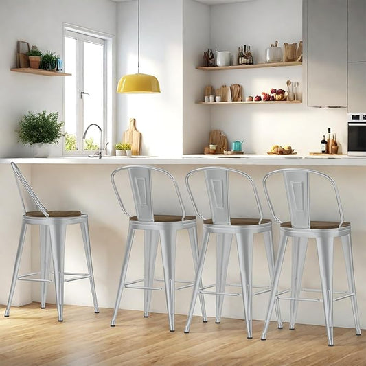 26” Swivel Bar Stools Set of 4, Counter Height Bar Stools Wooden Seat, Metal Industrial Bar Chairs with High Back for Kitchen Island (Silver)
