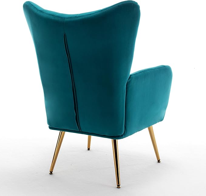 Container Furniture Direct Modern Chic Mid-Century Velvet Accent Armchair for Living Room, Bedroom, or Home Office, Button-Tufted Wingback Design with Gold Flared Legs, Dark Teal