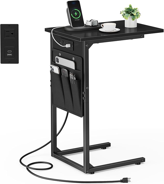 Vagusicc C Shaped End Table with Charging Station, Small Side Table for Couch, Couch Side Tables Recliner Desk, Slide Under Sofa Table TV Tray Arm C Tables for Living Room, Bedroom, Bedside, Black