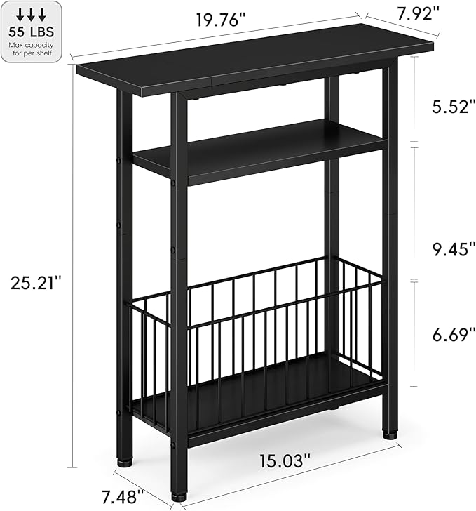 Vagusicc Narrow Side Table, 3-Tier Skinny End Table for Couch, Small side Tables for Small Spaces, Bed Side Table with Storage, 25.2" Tall Slim Nightstand Bedside table for Living Room, Bedroom, Black