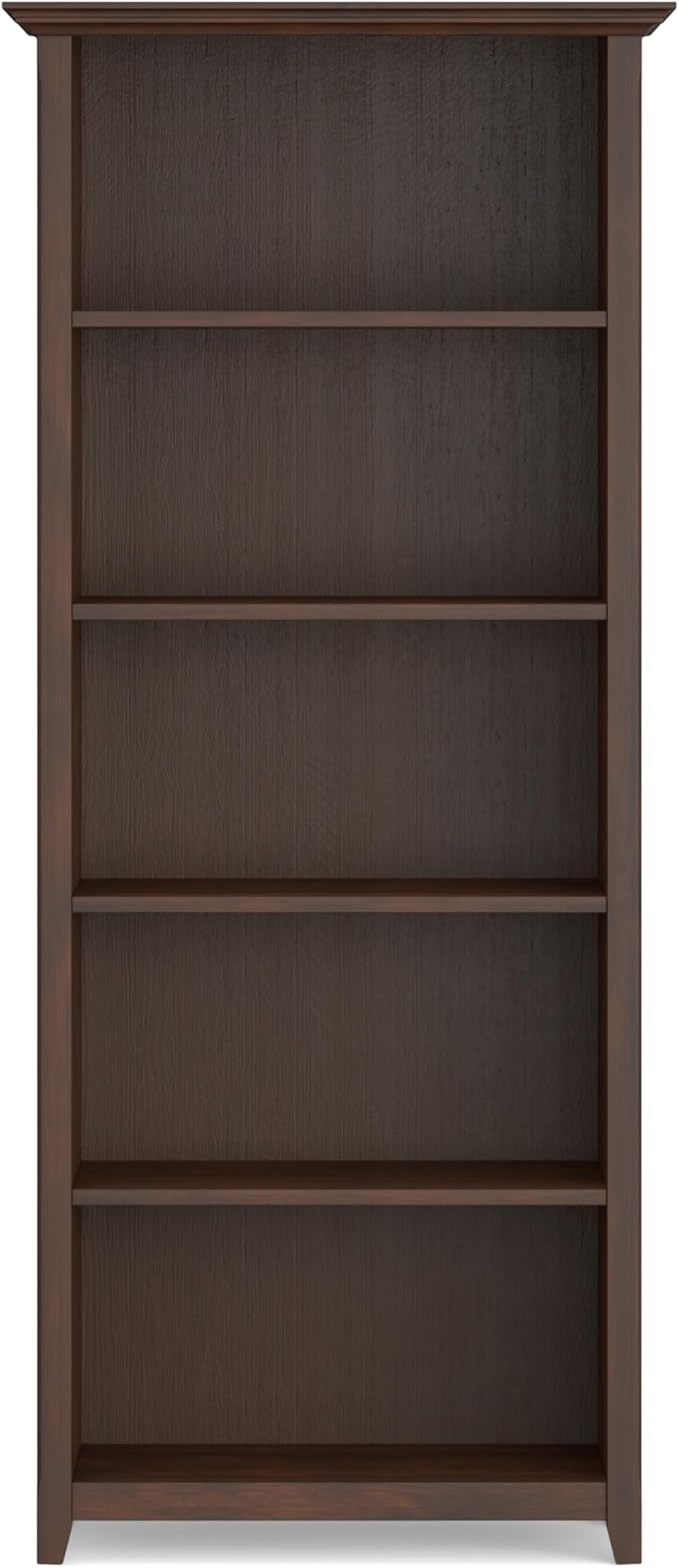 SIMPLIHOME Amherst Bookcase - 70 inch Tall 5-Shelf Solid Wood Bookshelf in Russet Brown, Transitional Storage for Living Room, Study Room or Office with Adjustable Shelves and Tapered Legs