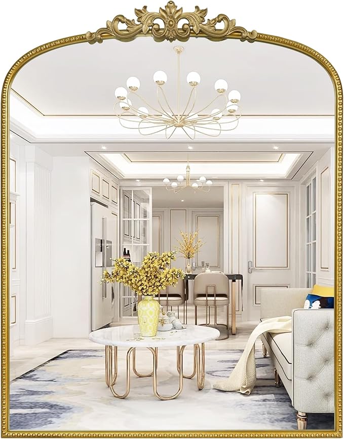 WallBeyond Gold Vintage Mirror for Vanity 28x36 Inch, Gold Antique Mirror with Ornate Frame, Arched Vintage Wall Mirror for Bathroom, Living Room, Fireplace, Entryway