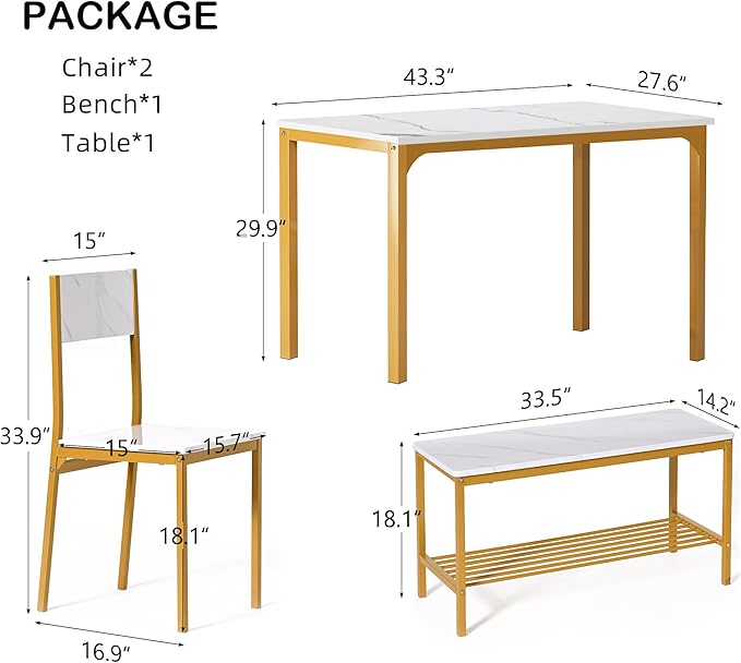 sogesfurniture 4-Piece Bench Style Dining Table Set, 4-Person Space-Saving Dinette for Kitchen，43'' Wood Kitchen Table & Chair Set for Breakfast Nook and Small Space, Glod&White
