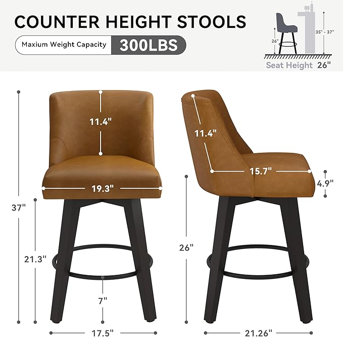 Counter Height Swivel Bar Stools Set of 3, 26 Inch Bar Stools with Footrest, Faux Leather Upholstered Barstools with Back and Solid Wood Legs for Kitchen Island, Dining Room,Pub,Brown