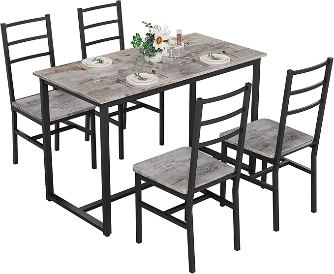 Ball & Cast Dining Table Set with Long Table and 4 Chairs,5-Piece Living Room Furniture W/ 47" Rectangle Kitchen Table & Backrest Chair,for Small Space,Apartment,Dining Room,Gray