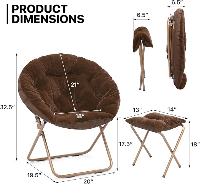 MoNiBloom Round Folding Faux Fur Saucer Chair for Bedroom Living Room Dorm Foldable Metal Frame Oversized Large Comfy Furry Padded Soft Cozy Moon Chair with Footrest Ottoman for Adults (Brown)