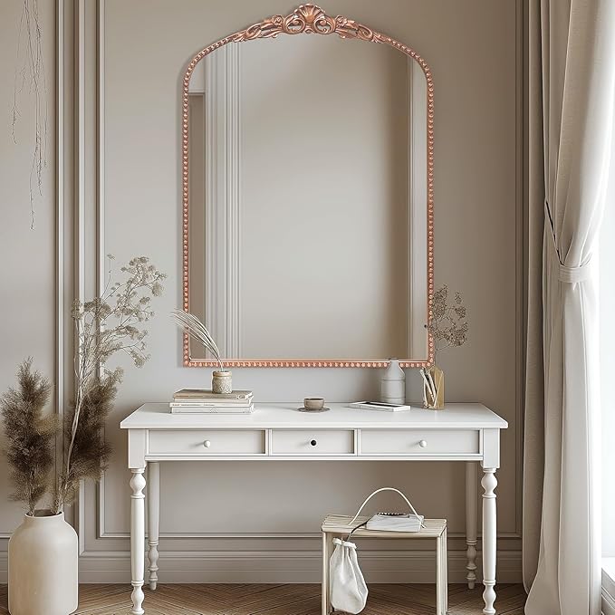 G-LEAF Vintage Baroque Mirror 24"X36", Arched Mantel Victorian Antique Farmhouse Mirror with Ornate Metal Frame for Fireplace Entryway Living Room Hallway Bathroom