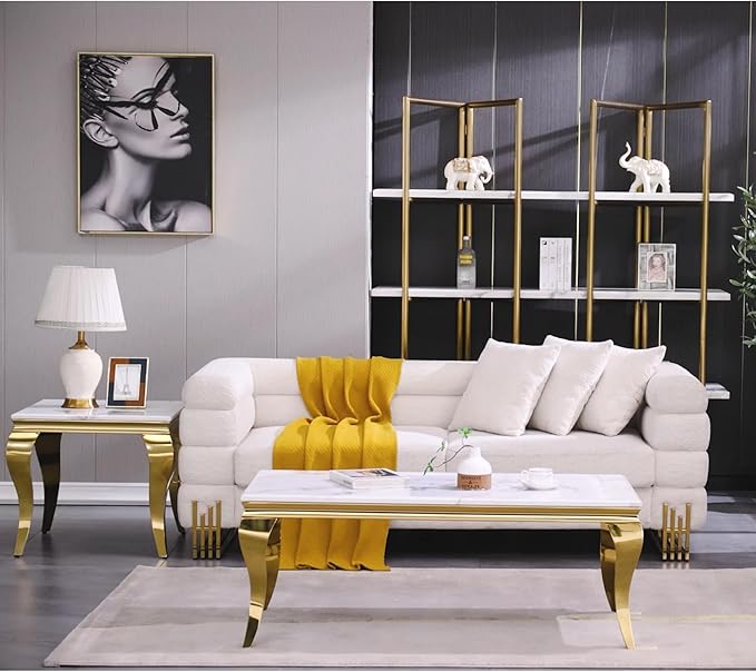 Gold End Table, Modern Square Living Room End Table with Mirrored Stainless Steel Cabriole Legs