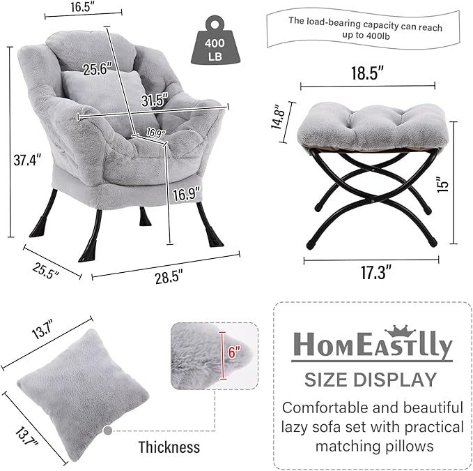 Lazy Chair with Ottoman, Modern Large Accent Lounge Chair with a Pillow, Leisure Sofa Armchair, Reading Chair with Footrest for Bedroom, Living Room,Plush White Gray