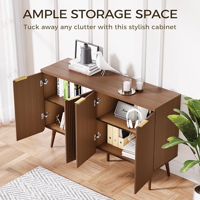 Fluted Buffet Cabinet – Modern Wood Sideboard with 4-Doors & Shelves, Multifunctional Storage Cabinet & Credenzas for Entryway, Dining & Living Room, Black