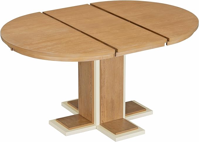 Ball & Cast Farmhouse Extendable Dining Table for 4-6, 42"-58" Extendable Kitchen-Table with a 16" Leaf, Round Ellipse Retro Wood Dining Room-Table w/Double Layer Base,Two Tone Color, Natural