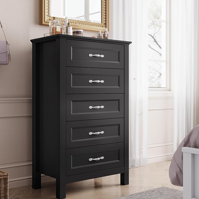 LINSY HOME Tall Dresser for Bedroom with 5 Drawers, 45" Tall Dressers & Chests of Drawers, Modern Farmhouse Large Vertical Dresser with Wood Legs for Bedroom, Closet, Living Room, Hallway, Black