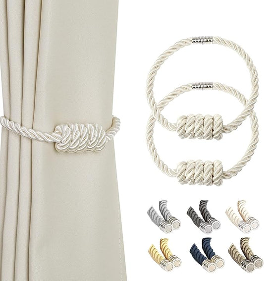 BEL AVENIR Magnetic Curtain Tiebacks, Decorative Drapery Holdbacks Modern Woven Tie-Backs with Exquisite Knot (Beige, 2 Pack)