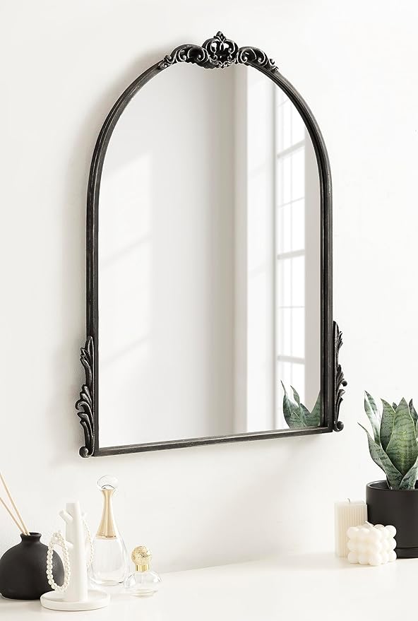 Kate and Laurel Myrcelle Traditional Arched Mirror; 21 x 26; Antique Black; Decorative Arch Vintage Mirror with Ornate Garland Detailing Along The Crown and Edges of The Frame