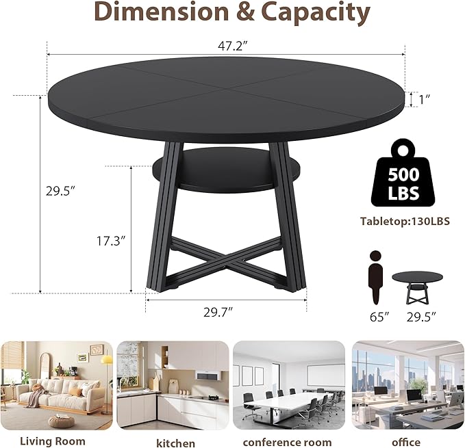 GarveeHome Round Dining Table for 4-6, 47.2" Farmhouse Kitchen Table with Storage, Circle Dinner Tables for Kitchen, Dining Room, Living Room, Meeting Room, Apartment, Black
