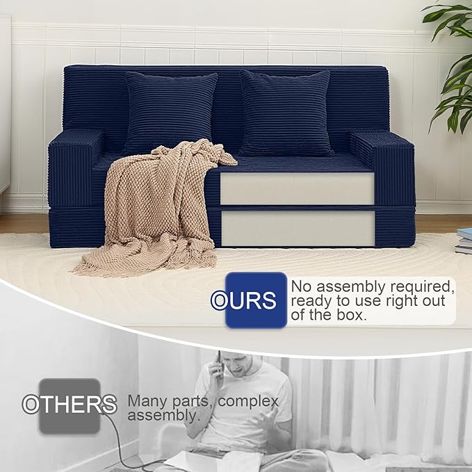 MeMoreCool Boneless Folding Sofa Bed Queen, Corduroy Convertible Sleeper Chair, Foldable Foam Mattress Chair, Comfy Fold‑Out Futon Couch Bed, Large Floor Sofa Couch for Living Room Guest