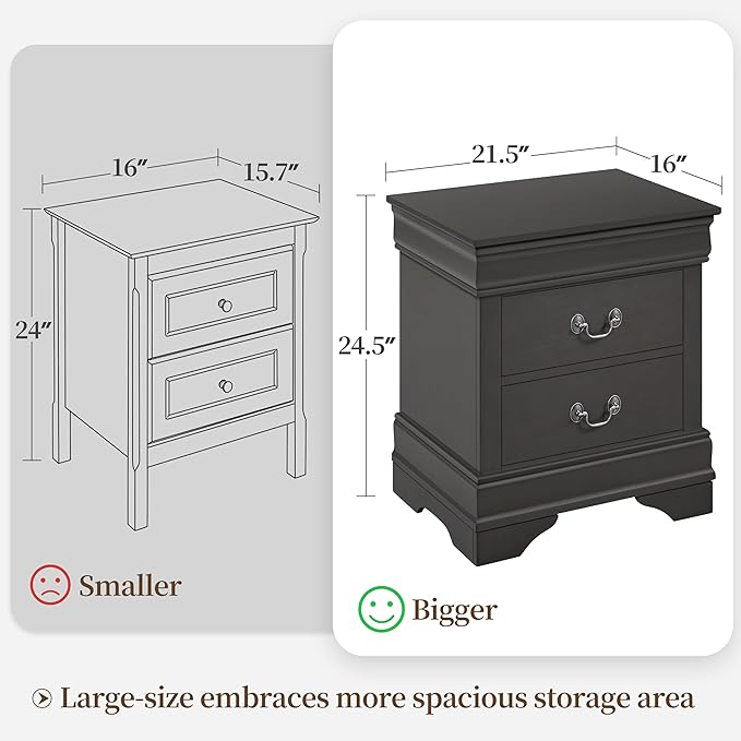 Yaheetech Fully-Assembled Nightstands Set of 2, 2-Drawer Nightstands Large Classic Bedside Tables with Storage, Wooden Painted Storage Cabinet for Bedroom, 21.5" L×16" W×24.5" H, Rustic Gray