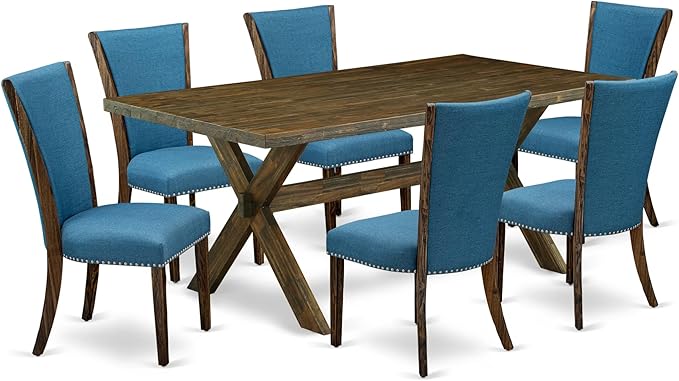 East West Furniture X777VE721-7 7 Piece Dining Room Furniture Set Consist of a Rectangle Dining Table with X-Legs and 6 Blue Color Linen Fabric Parsons Chairs, 40x72 Inch, Multi-Color