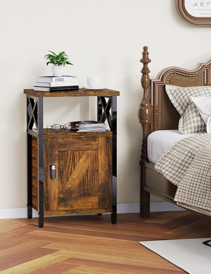 Night Stand with Locking Drawer, Bedside Table with Drawers, Wooden Bed Side Table with Storage, Nightstand with Shelves, End Night Tables For Bedroom, Living Room, Dorm, Office (Rustic Brown)
