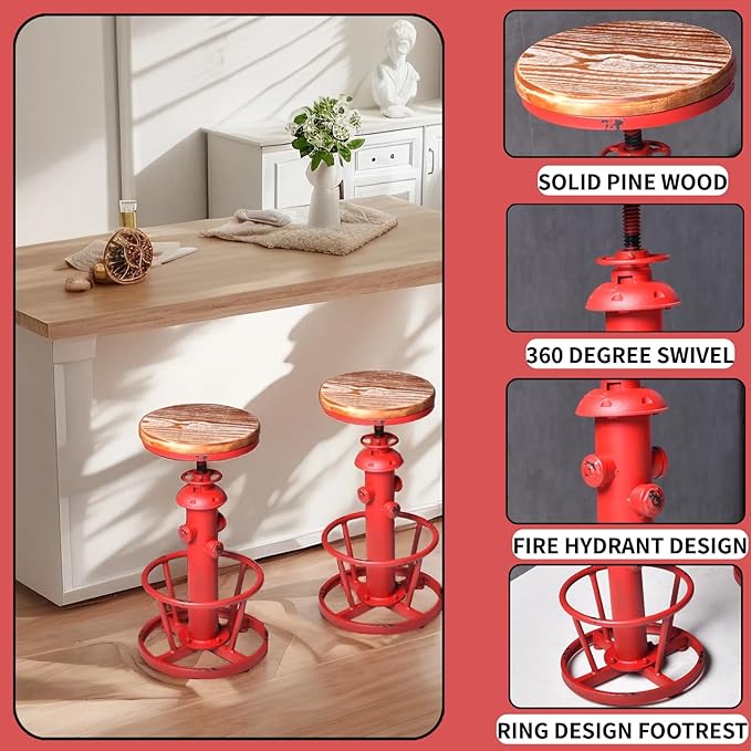 Industrial Bar Stools Vintage Swivel Bar Chairs 24.8-30.7inch Height Adjustable Farmhouse Kitchen Counter Island Stool Fire Hydrant Design Pub Stool
