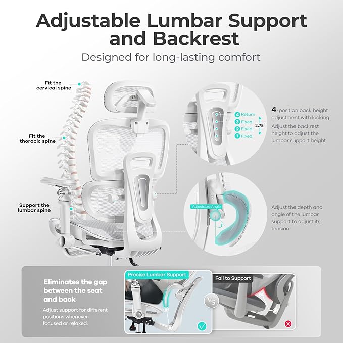 Ergonomic Office Chair with 9D Arms,Adjustable Seat Depth,3D Lumbar Support,135° Recline,3D Headrest & Footrest,Mesh Computer Desk Chair - Ultimate Comfort for Home & Executive Office White