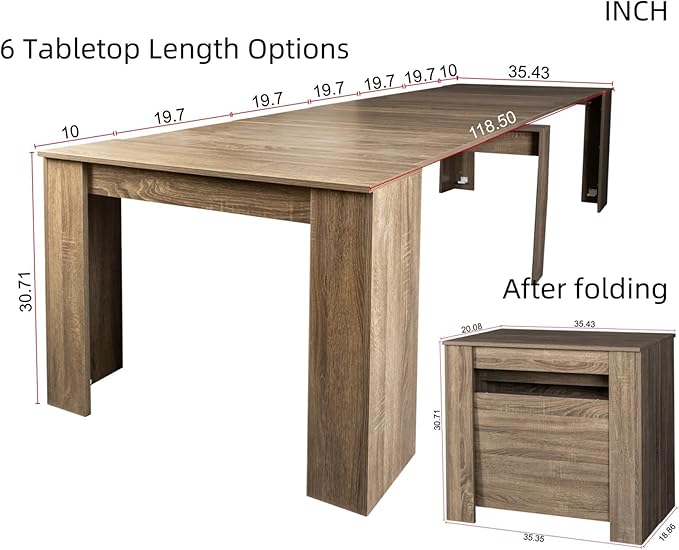 KEIKI 20"-118.5" L Extendable Foldable Dining Room Table for 1-10 People, Wood Multifunctional Rectangle Expandable Console Kitchen Living Meeting Room Furniture, 6 Tabletop Length Options, Barnwood