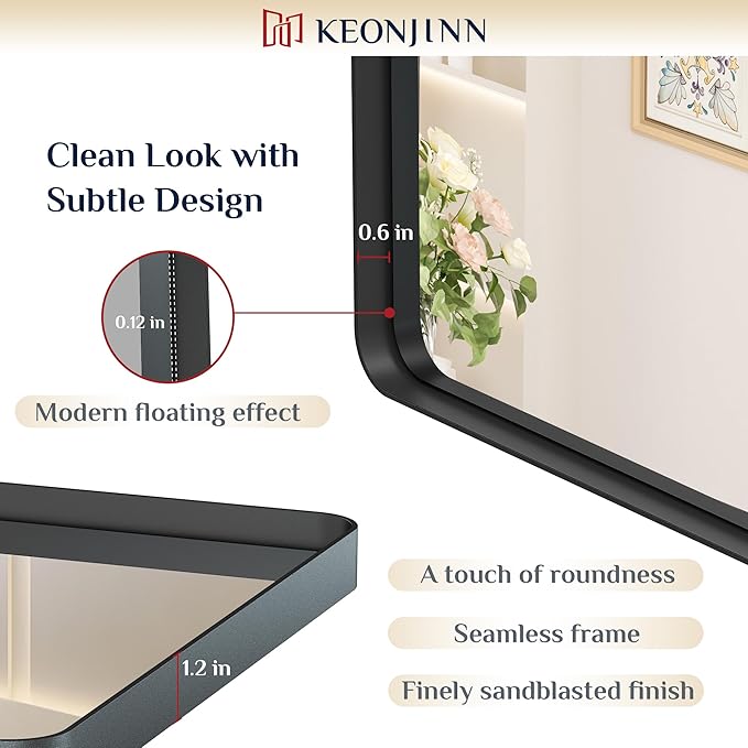 Keonjinn Black Bathroom Mirror for Over Sink, 24 x 32 Inch Matte Black Mirrors for Wall, Rounded Corner Rectangle Farmhouse Vanity Mirror, Tempered Glass Modern Decorative Mirror(Horizontal/Vertical)