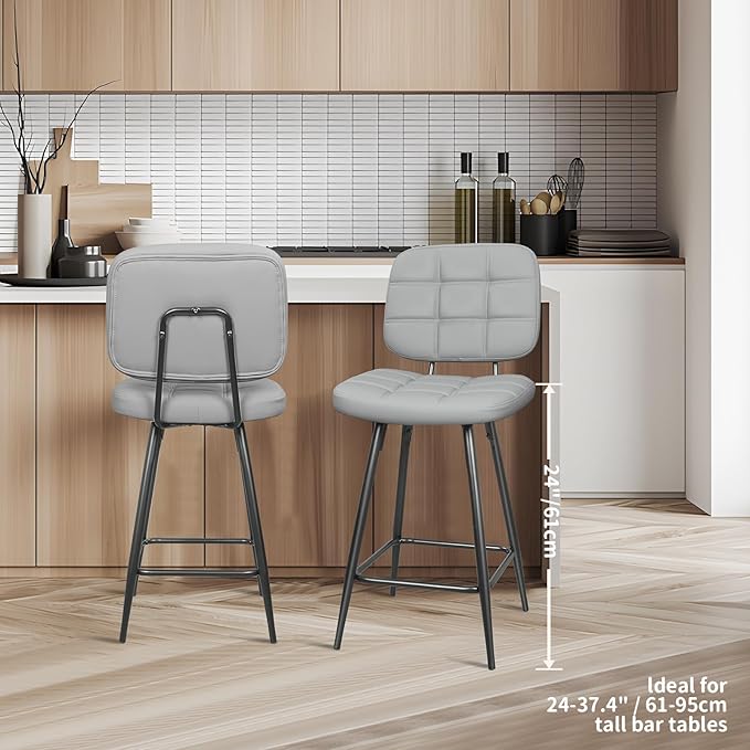Bar Stools Set of 2, 24 Inch Upholstered Metal Barstool with Back and Footrest, Bar Chair with Metal Base for Dining Room Counter Island, Light Grey