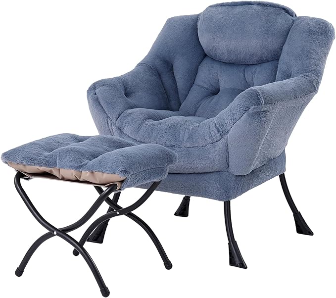Lazy Chair with Folding Ottoman, Modern Accent Lounge Armchair with Armrests and a Side Pocket & Foldable Footstool, Leisure Reading Chair for Living Room, Bedroom & Dorm, Plush Light Blue