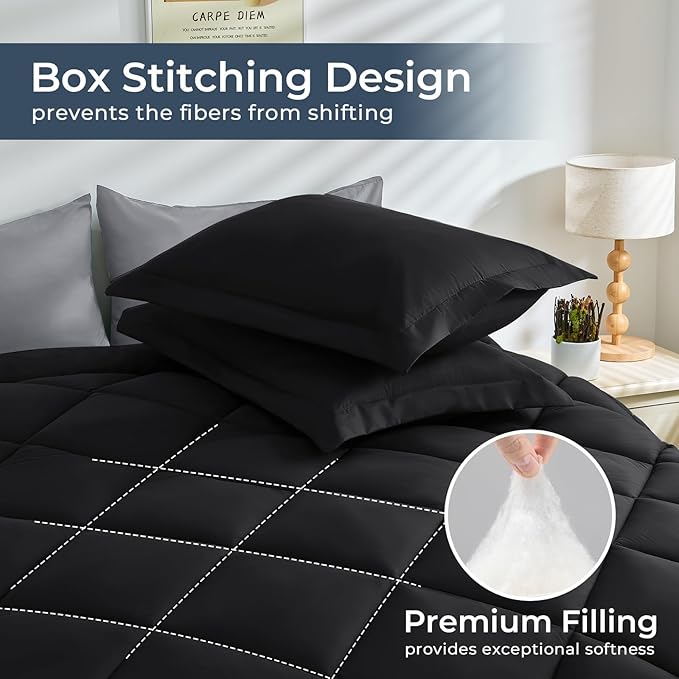 HEVUMYI Oversized Queen Comforter Set - 7-Piece All Season Bed in a Bag Oversized Queen, Ultra Soft Bedding Set with Comforter, Flat Sheet, Fitted Sheet, Pillowcases, Pillow Shams, Black & Light Grey
