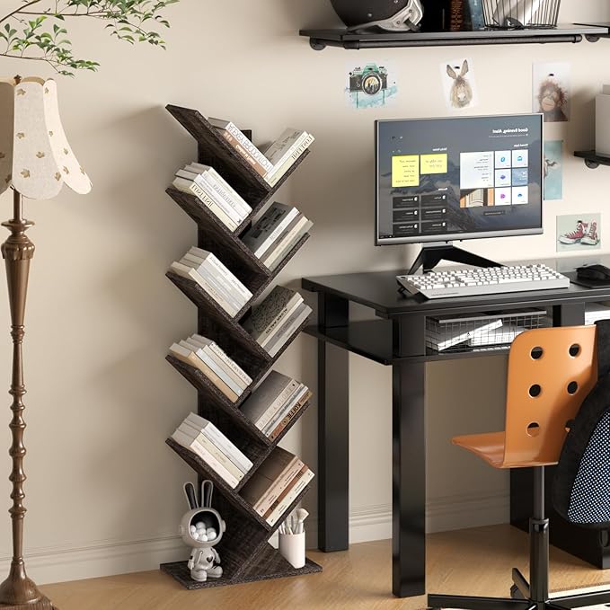 10 Tier Tree Book Shelf, Floor Standing Wood Bookshelf for Narrow Space, Storage Organizer Bookshelves for Books/CDs/Magazine, Bookcase with Shelves for Home Office, Living Room - Dark Grey