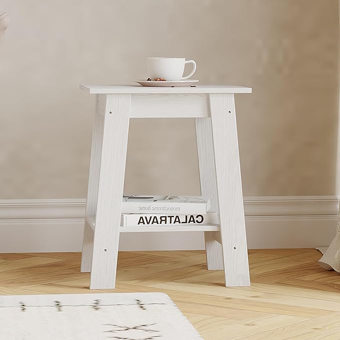 End Table with Double Storage Shelves, Small Space Side Table for Farmhouse Bedroom, Studio Apartment, Entryway， White