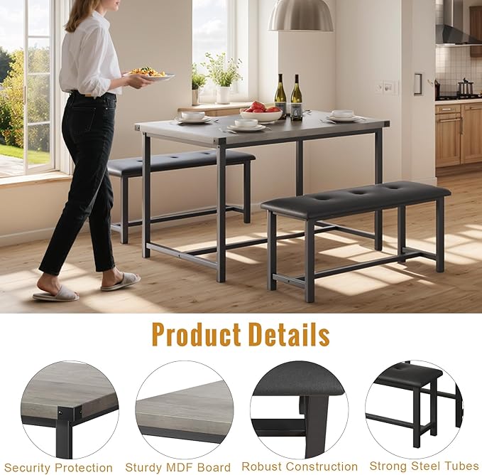 3 PSC Dining Table Set with 2 Upholstered Benches and 1 Table for 4, 44" Small Space Breakfast Nook Set, Kitchen Table with Tufted Upholstered Seats, Rustic Wood & Metal Frame, Easy Assembly