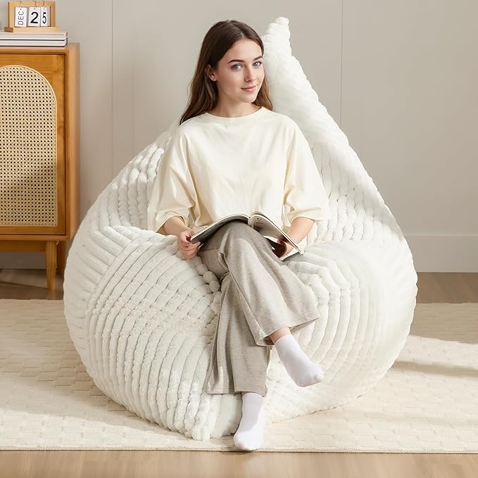 3-in-1 Giant Bean Bag Chair for Adults & Kid, Convertible Floor Sofa to Mattress, High-Density Foam Chair Bed with Washable Cover, Multi Functional Lounge Couch for Bedroom, Living Room (Beige)