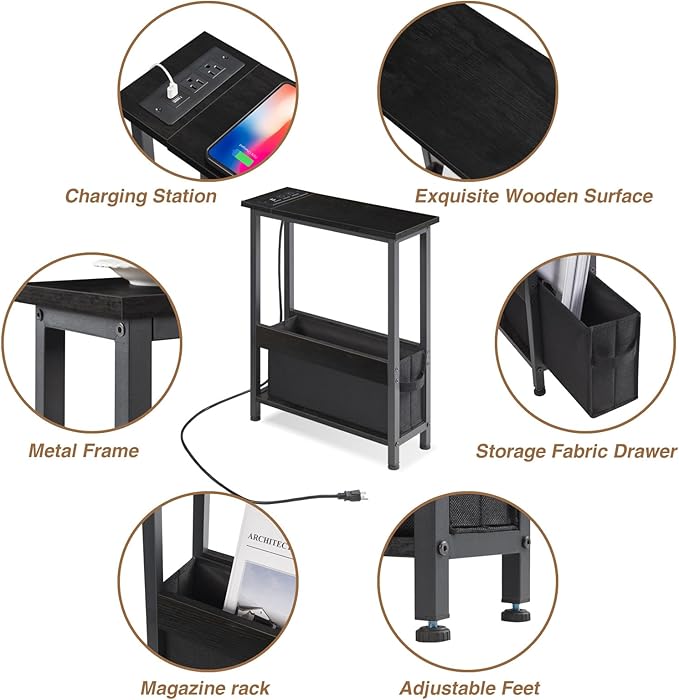 Slim Charging End Table with Storage - for Small Spaces and Bedroom (Black)