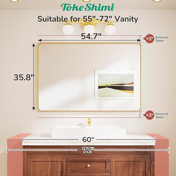 TokeShimi 55x36 Bathroom Mirror Black,Aluminum Framed Bathroom Mirror for Over Sink,Rectangle Vanity Mirror Bath,Shatterproof Tempered Glass Wall Mirror Modern(Horizontal/Vertical)
