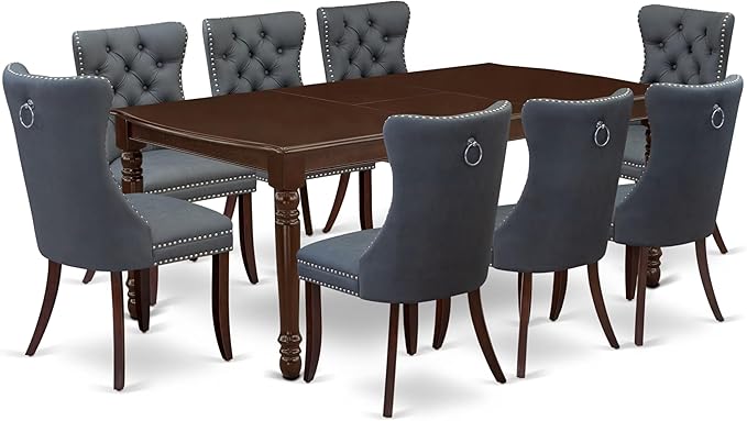 East West Furniture DODA9-MAH-13 9 Piece Dining Set Includes a Rectangle Solid Wood Table with Butterfly Leaf and 8 Polyester Fabric Upholstered Chairs, 42x78 Inch, Mahogany