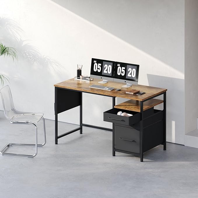 Ｍａｉｈａｉｌ Maihail Computer Desk with Drawers, 47 Inch Desk with 2 Drawers and Shelves, Office Table with Storage, Home Office desks, Metal Frame for PC Laptop, Rustic Brown