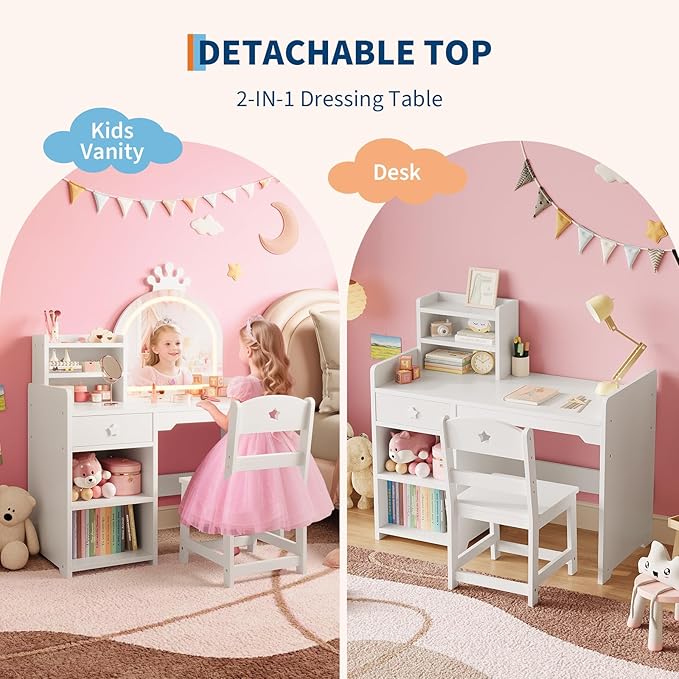 IDEALHOUSE Kids Vanity Table and Chair Set with Mirror and Lights, White Makeup Vanity Desk with Drawer and Open Storage Shelves, Wooden Dressing Table for Little Girls Bedroom